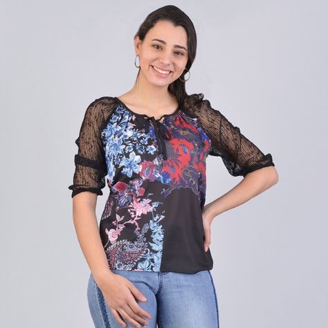 Polera estampada manga malla-0