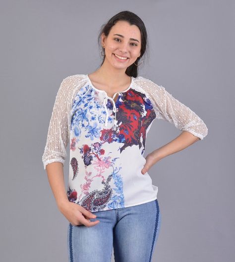 Polera estampada manga malla-0
