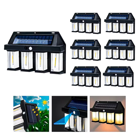 6 Farol Solar Aplique Pared 4 Led Sensor Movimiento L Cálida-0