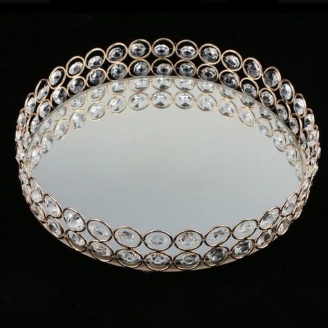 Hermosa Bandeja Metal Dorado Con Espejo 30cm Diámetro-2