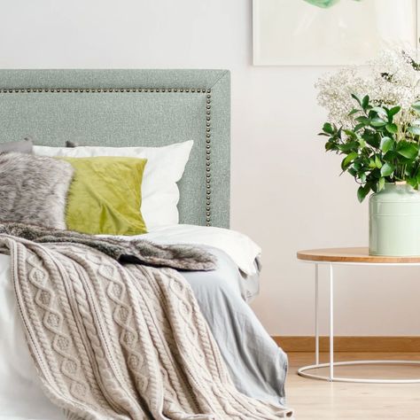 Respaldo de Cama Flat Frame Tachas Lino Verde Jenas 2 Plazas-0
