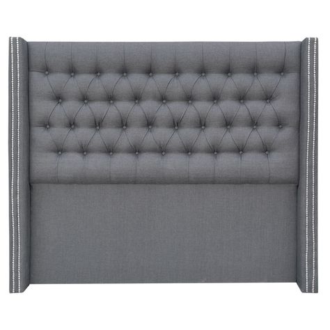 Respaldo Capitoné Wing Recto Tachas Lino Gris Plata - Queen-0