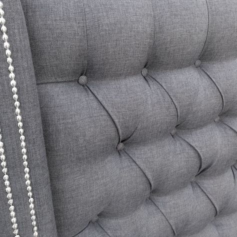 Respaldo Capitoné Wing Recto Tachas Lino Gris Plata - Queen-1