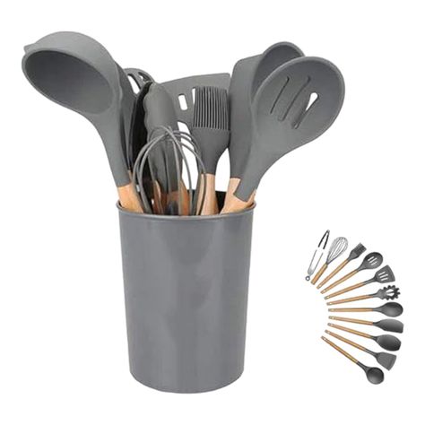 kit 12 utencilios de cocina set cucharones utencilios madera silicona-0