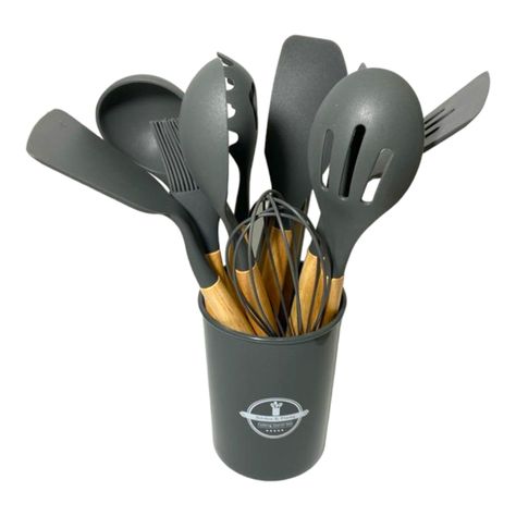 kit 12 utencilios de cocina set cucharones utencilios madera silicona-1