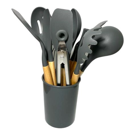 kit 12 utencilios de cocina set cucharones utencilios madera silicona-2