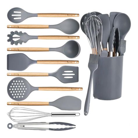 kit 12 utencilios de cocina set cucharones utencilios madera silicona-3