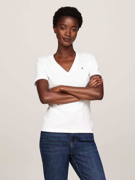 Polera A Rayas V-Neck Slim Fit Blanco Tommy Hilfiger-0