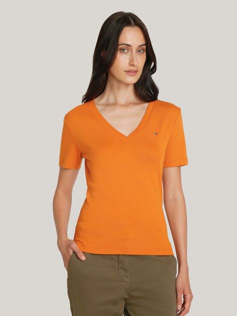 Polera A Rayas V-Neck Slim Fit Naranjo Tommy Hilfiger-0