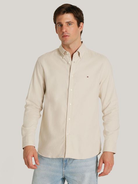 Camisa Regular Herringbone Solid Beige Tommy Hilfiger-0