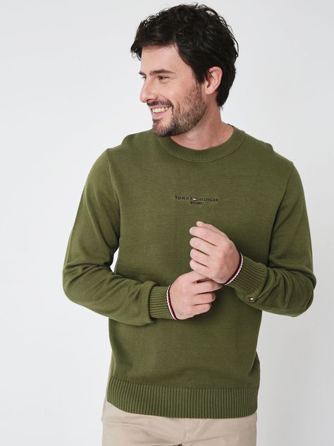 Sweater C-Neck Con Logo Bordado Verde Tommy Hilfiger-0