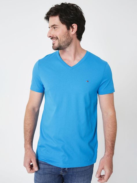 Polera Essential Cotton V-Neck Slim Fit Celeste Tommy Hilfiger-0