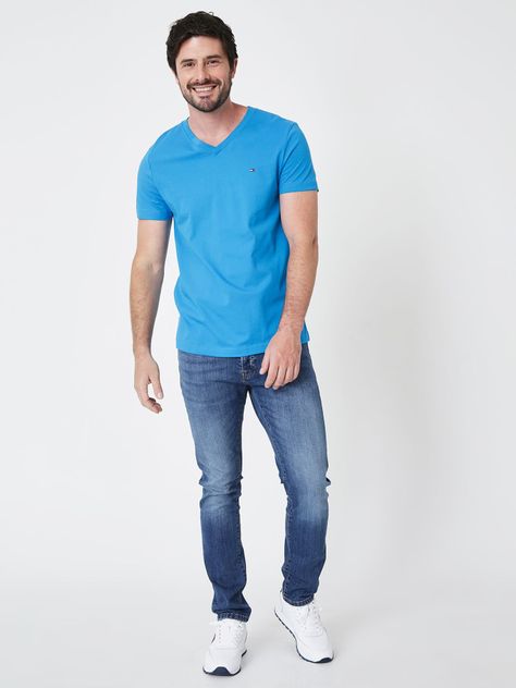 Polera Essential Cotton V-Neck Slim Fit Celeste Tommy Hilfiger-2