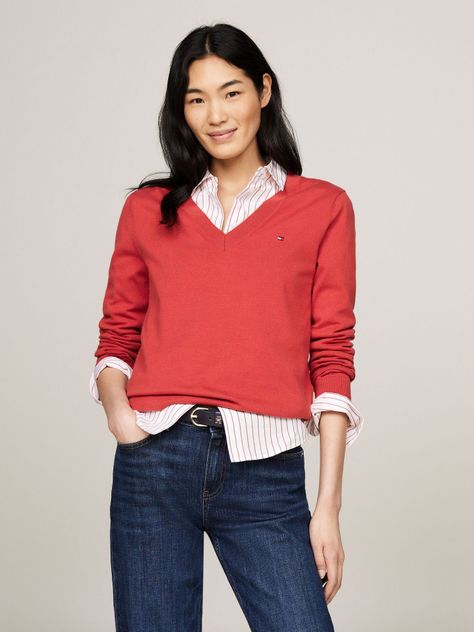 Sweater Solid V-Neck Rojo Tommy Hilfiger-0