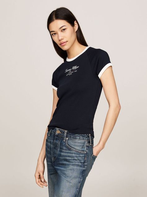 Polera Slim Fit Con Logo Script Azul Tommy Hilfiger-0