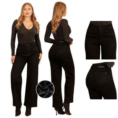 Jeans Pantalon Wide Leg Forro Polar Mujer-0