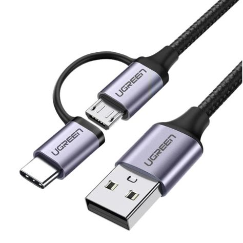 UGREEN Cable USB 2.0 A a Micro USB + USB-C trenzado 1m Negro-0