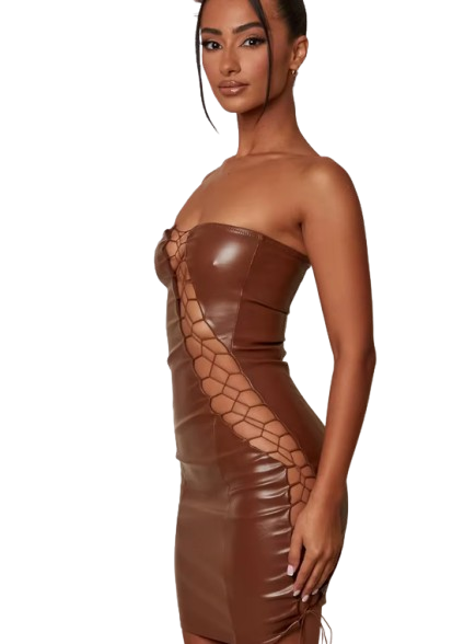 Vestido Cuerina Trenzado Camel -1