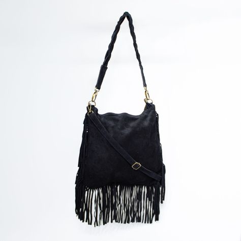 Cartera de reno con flecos y manilla trenzada color Negro-0