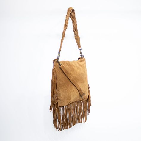 Cartera de reno con flecos y manilla trenzada color Tostado-1