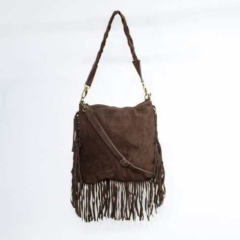 Cartera de reno con flecos y manilla trenzada color Chocolate-0