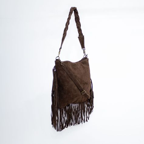 Cartera de reno con flecos y manilla trenzada color Chocolate-1