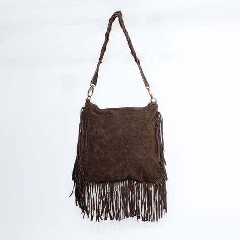 Cartera de reno con flecos y manilla trenzada color Chocolate-2