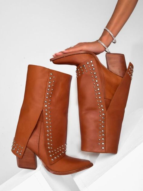 Bota Cuero Polta Tachas Blanca, Negra, Cafe-0