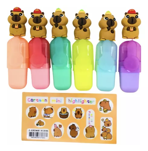 Set Destacadores 6 Unidades Diseño Capibara Kawaii, Escolar-4