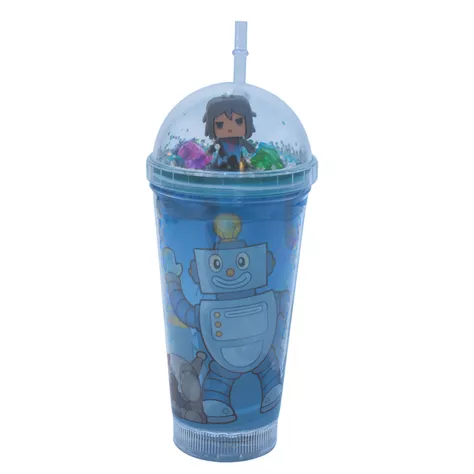 Vaso Azul Claro Robot Pelo Gris Diseño Robot Glitter y Diamantes-0