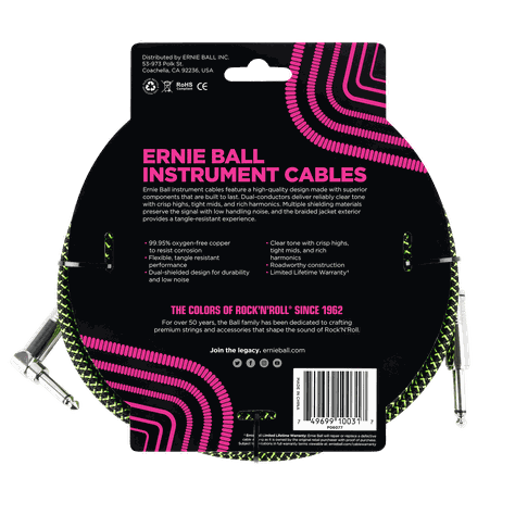 Cable de Instrumento Trenzado Verde/Negro 3m Ernie Ball 6077-1
