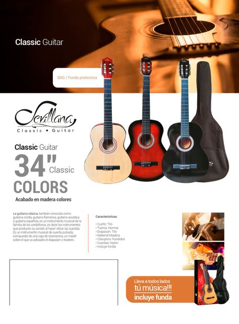 Guitarra Clasica Mediana 34 Pulga Madera Con Funda Sevillana-4