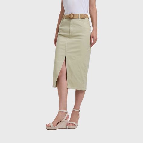 Falda Mujer Gabardina Midi Con Cinturón Kaki Fashion's Park-1