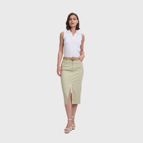 Falda Mujer Gabardina Midi Con Cinturón Kaki Fashion's Park-3