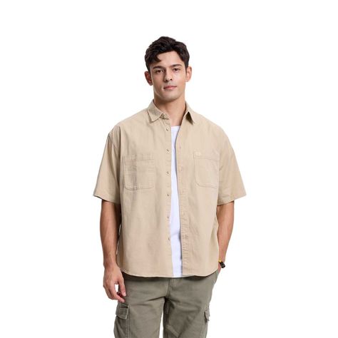 Camisa Hombre Denim Bolsillo Color Kaki Claro Fashions Park-0