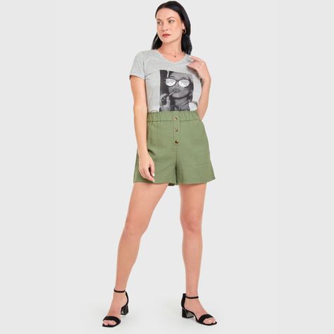 Short Mujer Pretina Elasticada Con Botones Verde Musgo-3