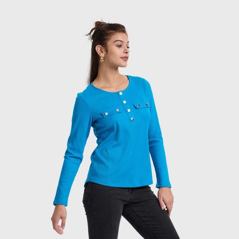 Polera Mujer Pata Botón Rib Liso Azulino Fashion's Park-1