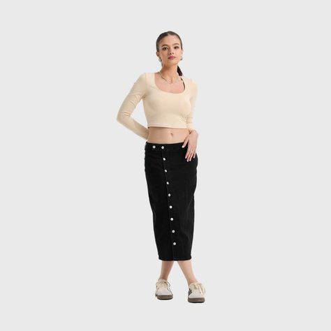 Falda Mujer Midi Abotonada Negro Fashion's Park-3