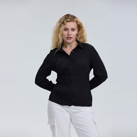 Blusa Mujer Abotónada Lisa Textura Negro-0