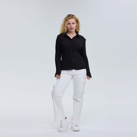 Blusa Mujer Abotónada Lisa Textura Negro-3