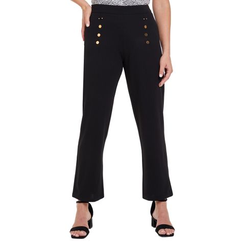 Pantalón Recto Aplicación Pretina Negro Mujer-0