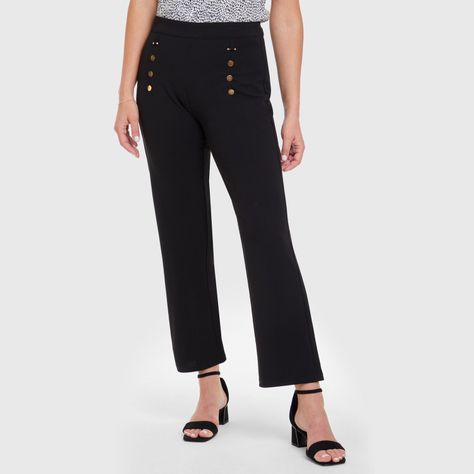 Pantalón Recto Aplicación Pretina Negro Mujer-1