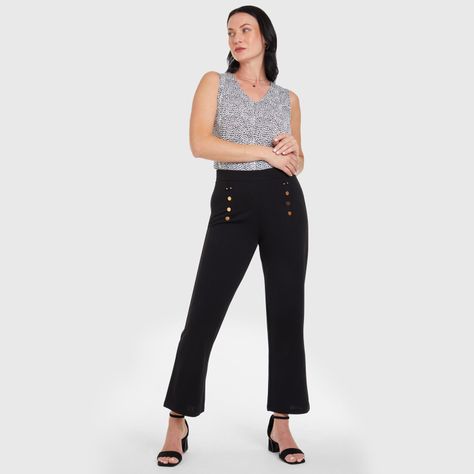 Pantalón Recto Aplicación Pretina Negro Mujer-3