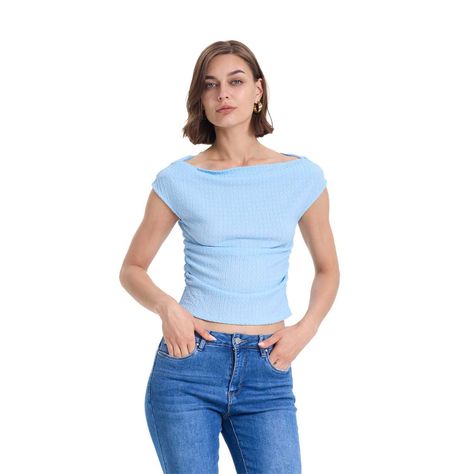 Polera Mujer Bardot Lisa Text Celeste Oscuro Fashions Park-0