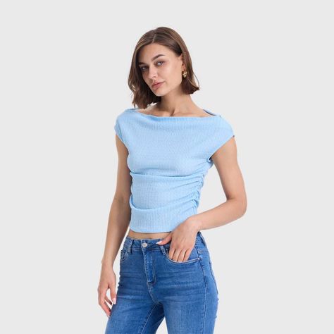 Polera Mujer Bardot Lisa Text Celeste Oscuro Fashions Park-1