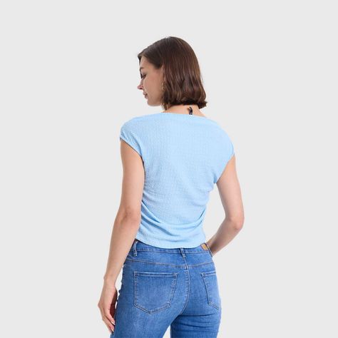 Polera Mujer Bardot Lisa Text Celeste Oscuro Fashions Park-2