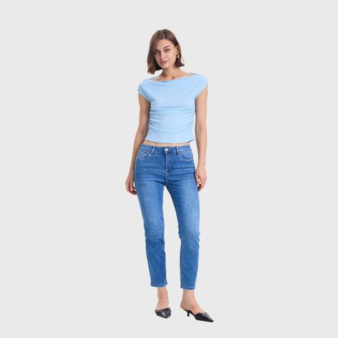 Polera Mujer Bardot Lisa Text Celeste Oscuro Fashions Park-3