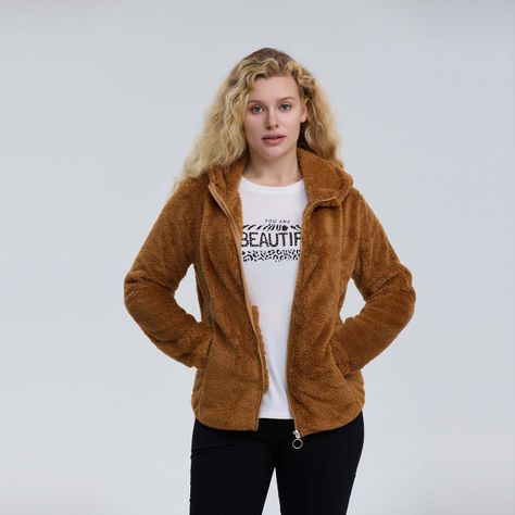 Polar Mujer Peludo Con Bolsillo Camel Oscuro-1