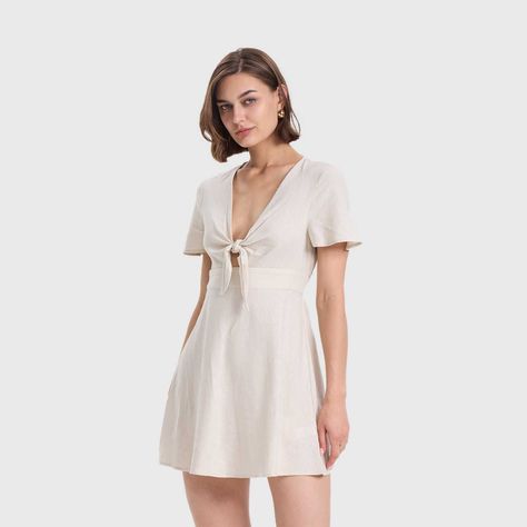 Vestido Mujer Lino Corto Aplicación Beige Fashions Park-1