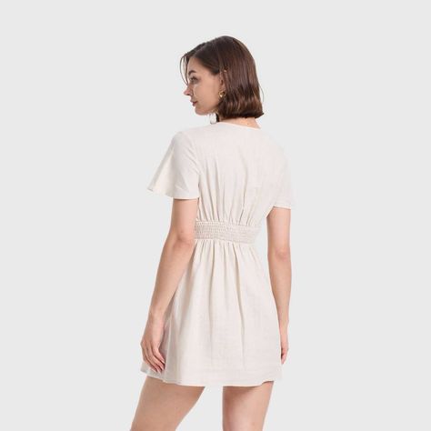Vestido Mujer Lino Corto Aplicación Beige Fashions Park-2